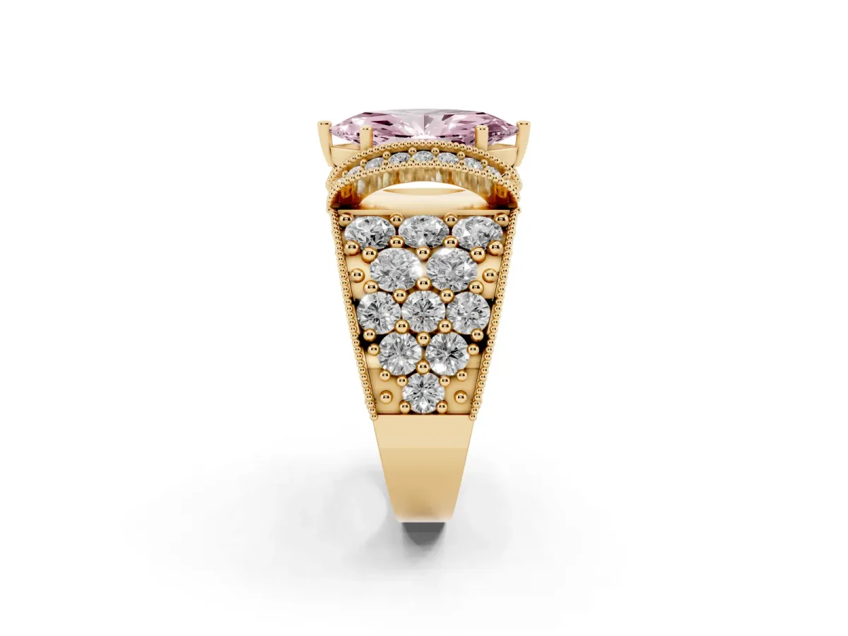 Fancy Pink Marquise Cut Halo Pave Diamond Engagement Ring with Milgrain Detailing Yellow gold