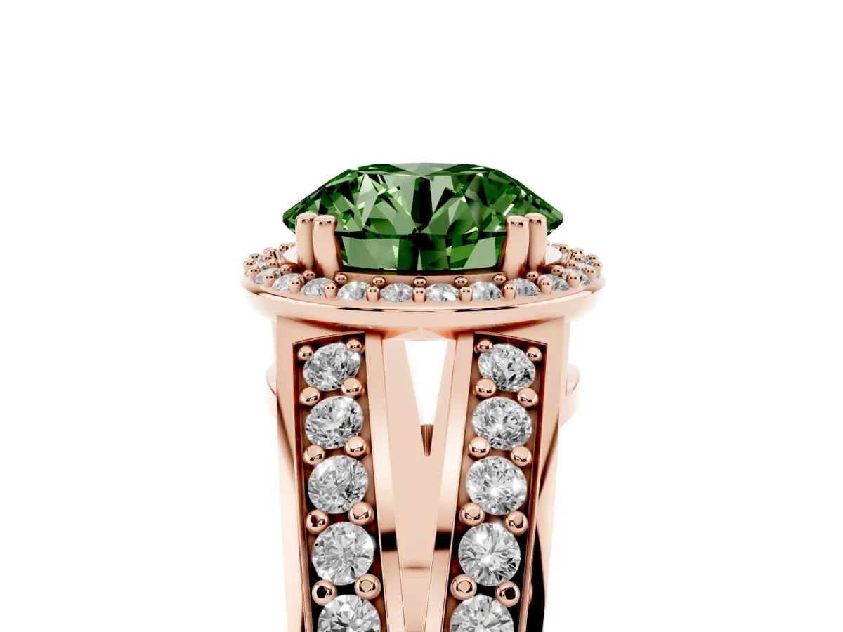 Fancy Green Round Cut Diamond Halo Ring with Split Shank Pavé Band and Four-Prong Setting Rose gold