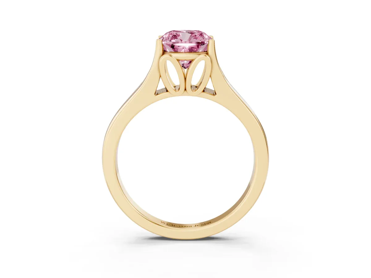 Fancy Pink Cushion Cut Solitaire Diamond Ring with Cathedral Band and Four-Prong Setting Yellow gold
