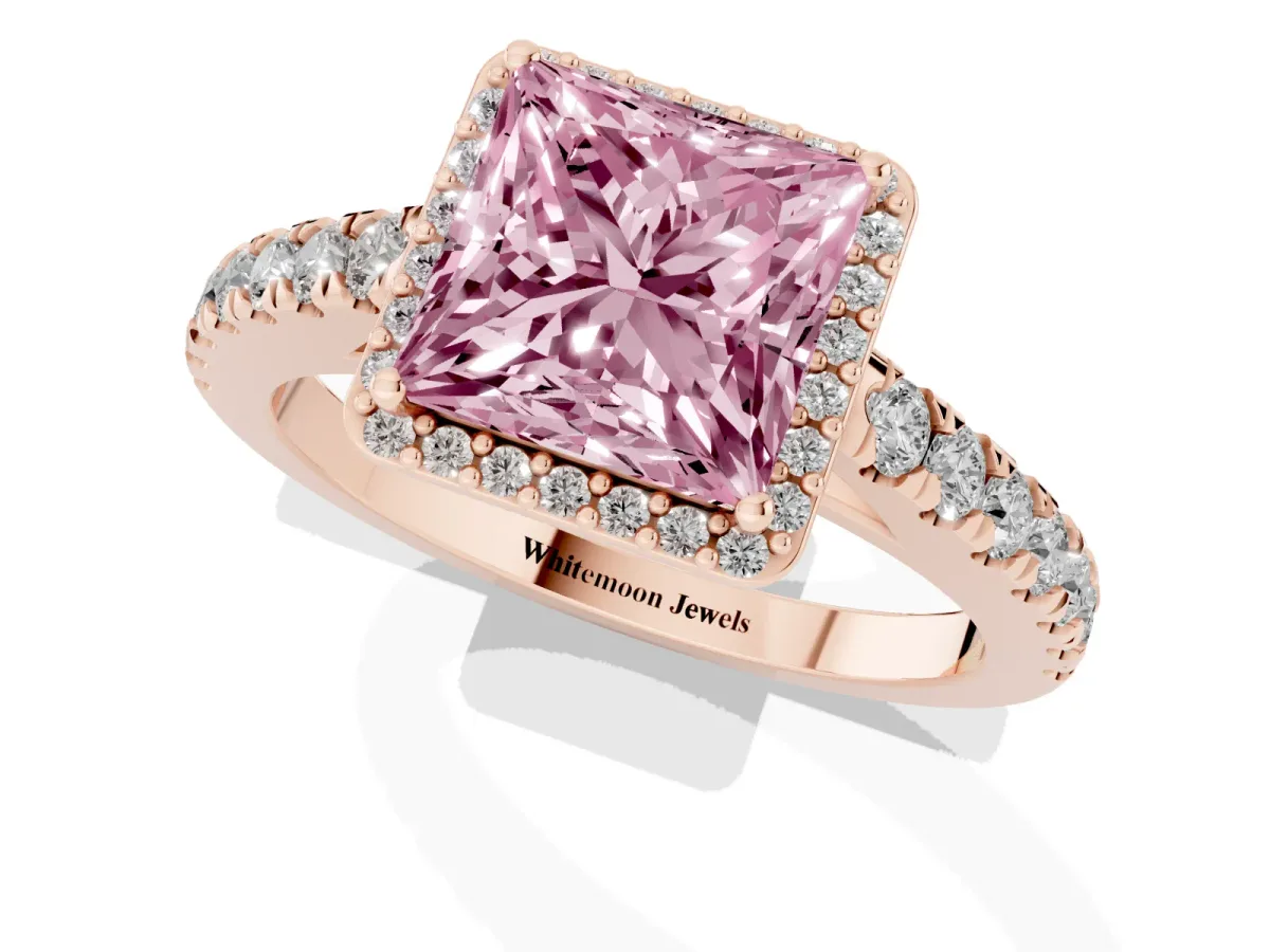 Fancy Pink Princess Cut Cut Halo Diamond Engagement Ring with Pave Band and Four-Prong Setting Rose gold