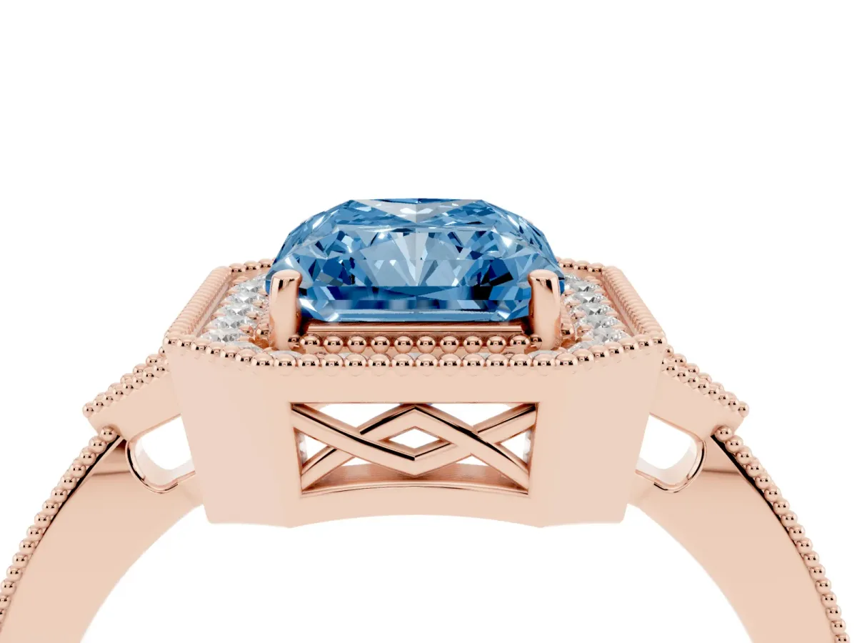 Fancy Blue Radiant Cut Halo Round Diamond Milgrain Pave Engagement Ring Rose gold