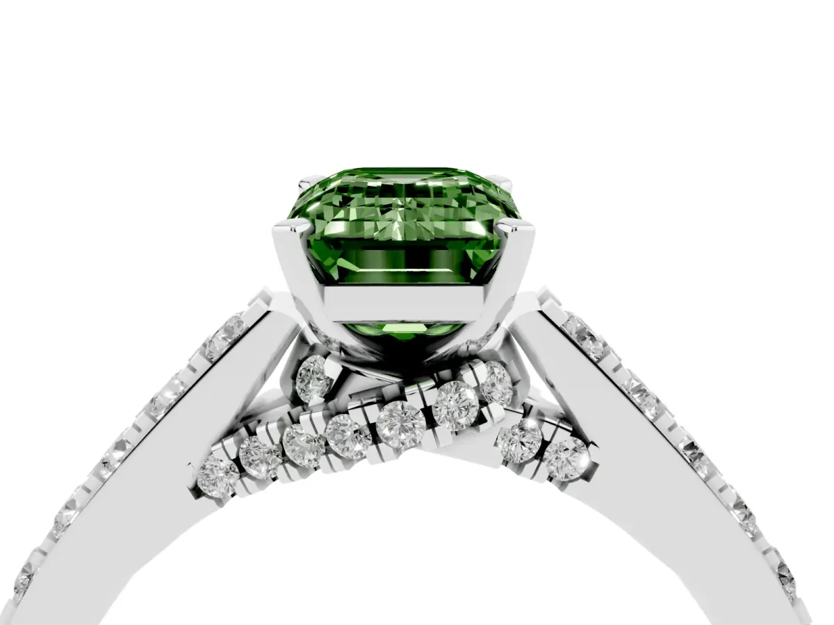 Fancy Green Emerald Cut Diamond Solitaire Ring with Crossover Gallery and Round Pavé Band Silver