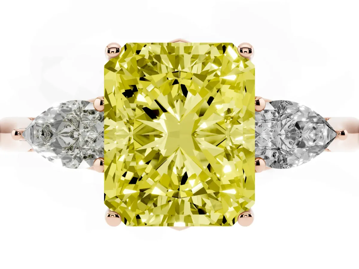 Fancy Yellow Three-Stone Radiant Cut Diamond Ring with Pear Side Stones in Four-Prong Setting Rose gold