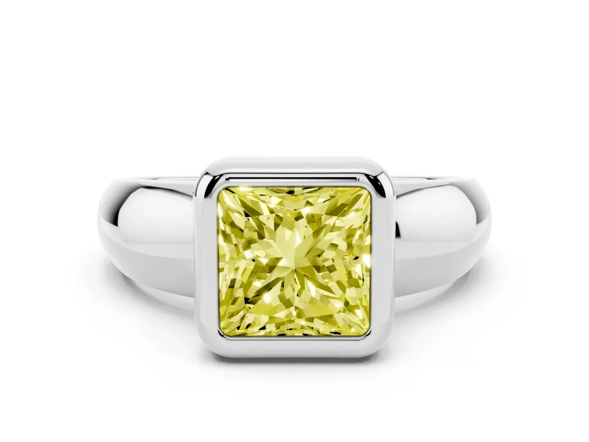 Fancy Yellow Bezel Set Princess Cut Solitaire Ring with Wide Band Silver