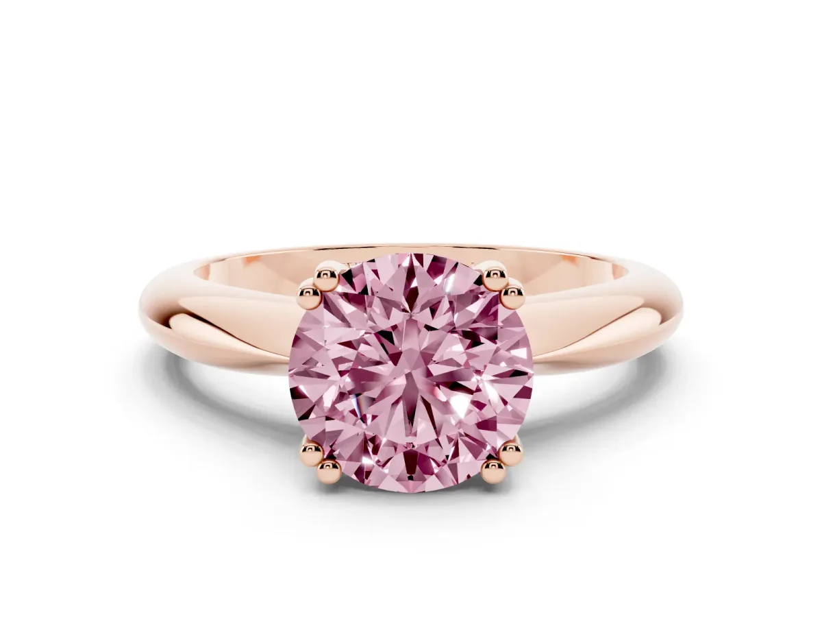 Fancy Pink Round Cut Cut Solitaire Engagement Ring with Tapered Band and Four-Prong Setting Rose gold