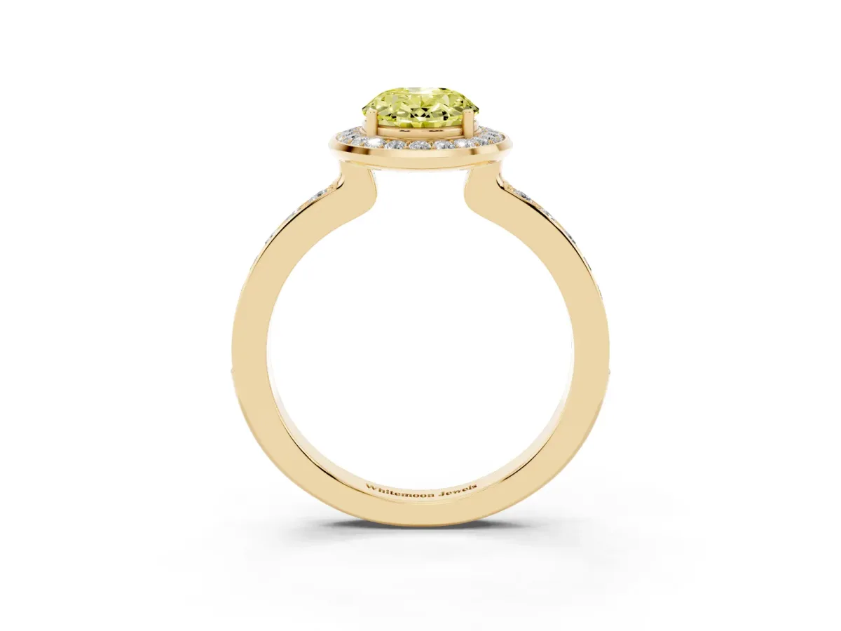 Fancy Yellow Oval Cut Diamond Halo Ring with Bezel Frame and Pavé Band Yellow gold