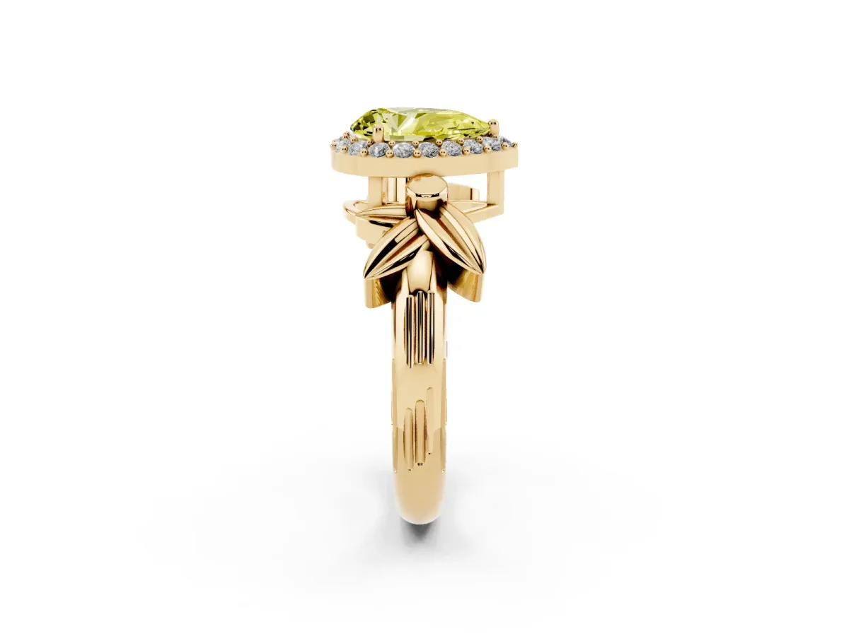 Fancy Yellow Pear Cut Halo Diamond Floral Band with Four-Prong Setting Yellow gold