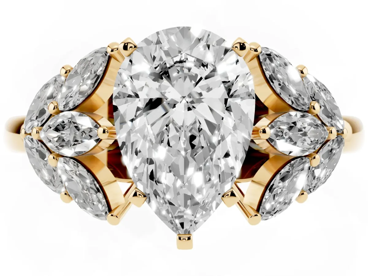 Pear Cut Diamond Cluster Leaf Design Ring with Prong Setting Yellow gold