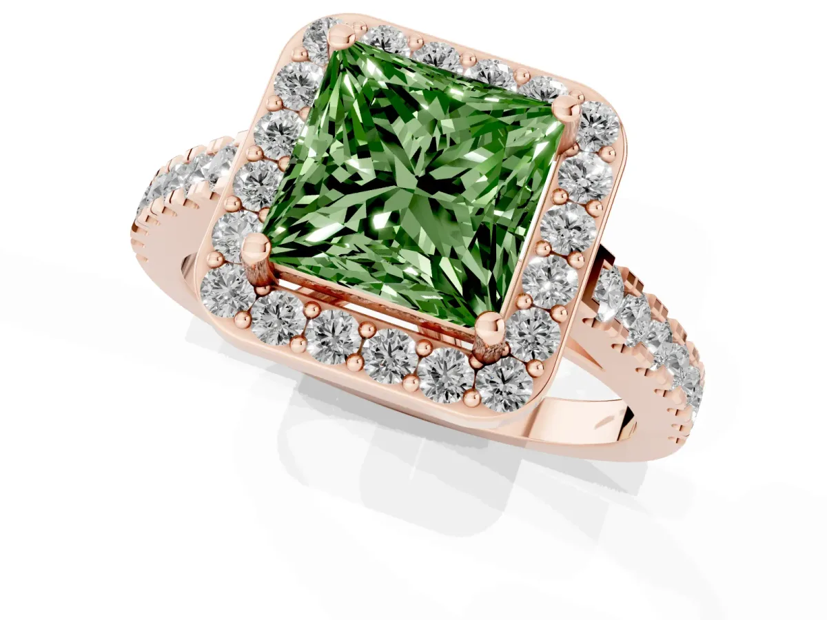 Fancy Green Princess Cut Diamond Halo Ring with Round Pavé Split Shank and Prong Setting Rose gold