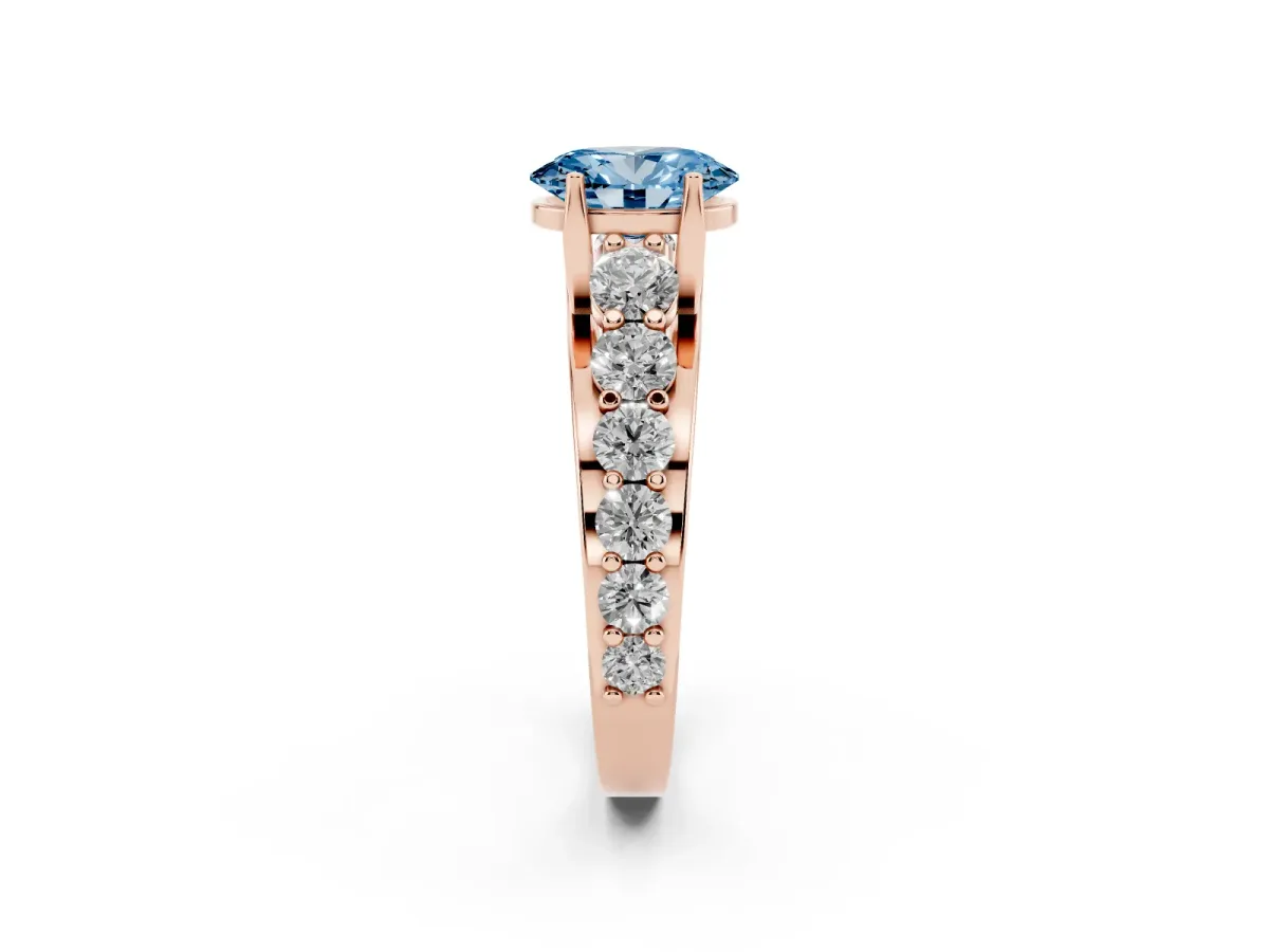 Fancy Blue Oval Cut Diamond Engagement Ring with Pavé Band and Four-Prong Setting Rose gold