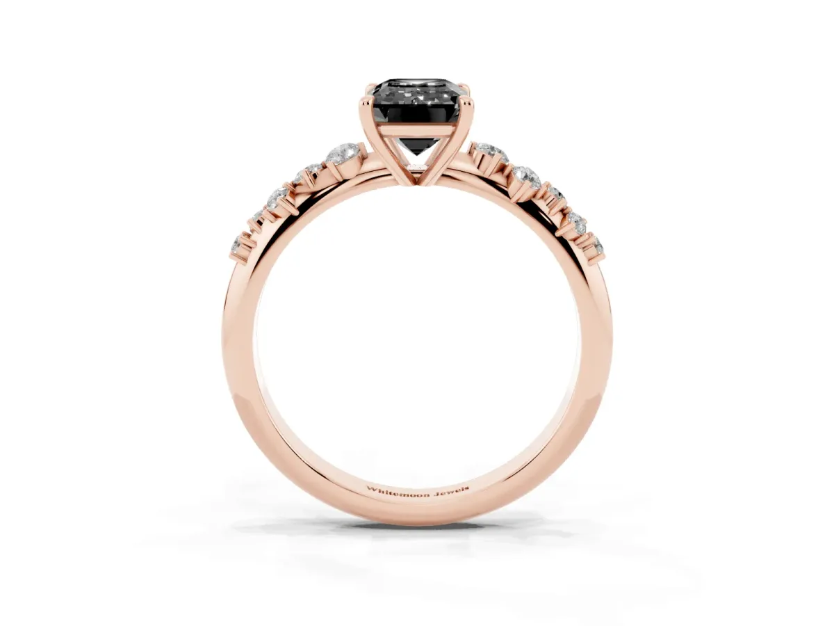 Fancy Black Emerald Cut Diamond Cluster Side Stone Solitaire Ring with Prong Setting Rose gold