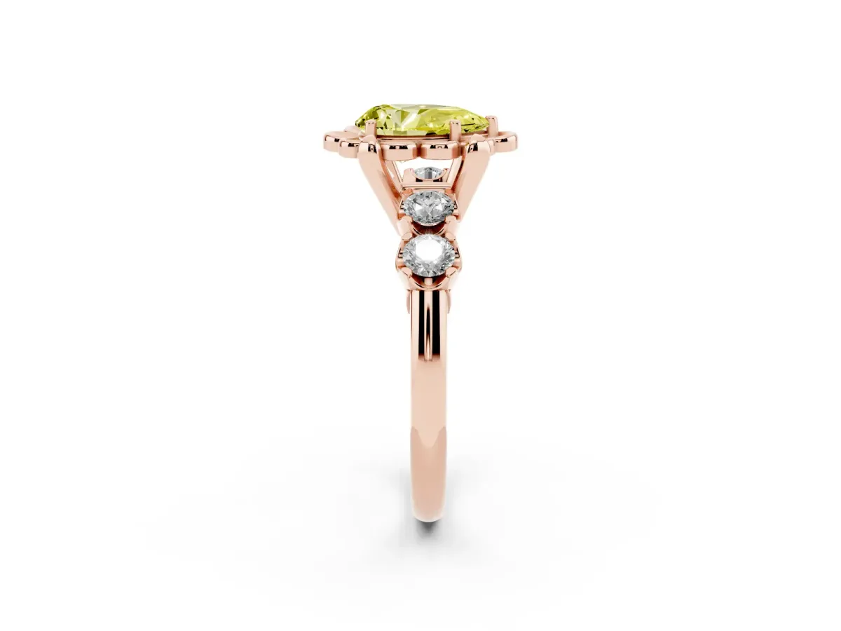 Fancy Yellow Pear Cut Cut Diamond Floral Halo Engagement Ring with Shared Prong Setting Rose gold