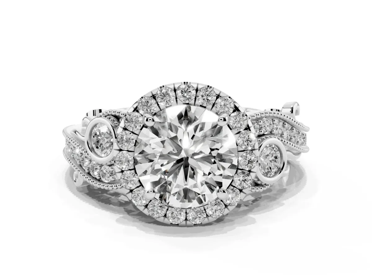 Round Cut Halo Diamond Ring with Milgrain and Bezel Accents on a Split Shank Band White gold
