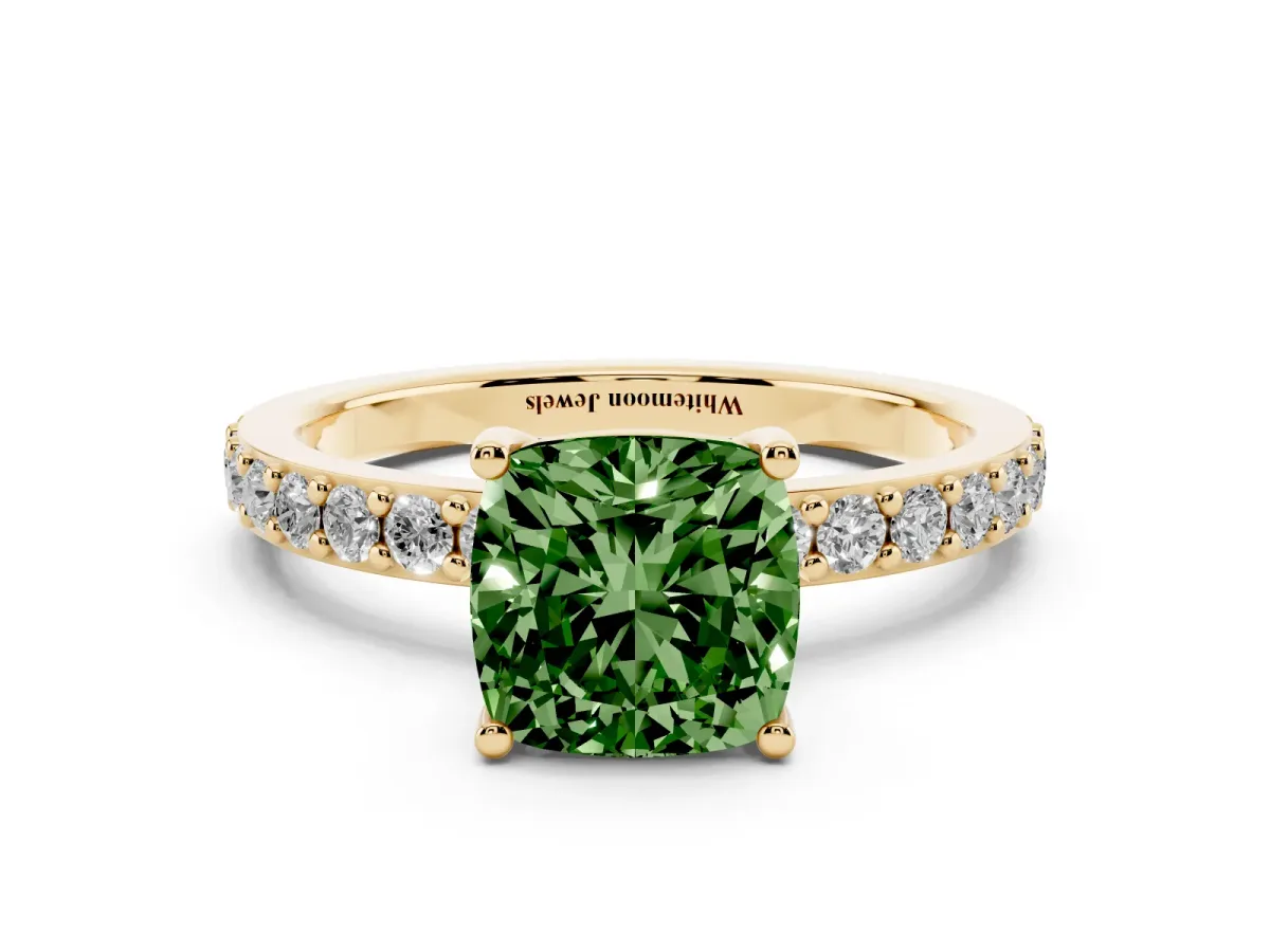 Fancy Green Cushion Cut Cut Diamond Solitaire with Pave Band and Four-Prong Setting Yellow gold