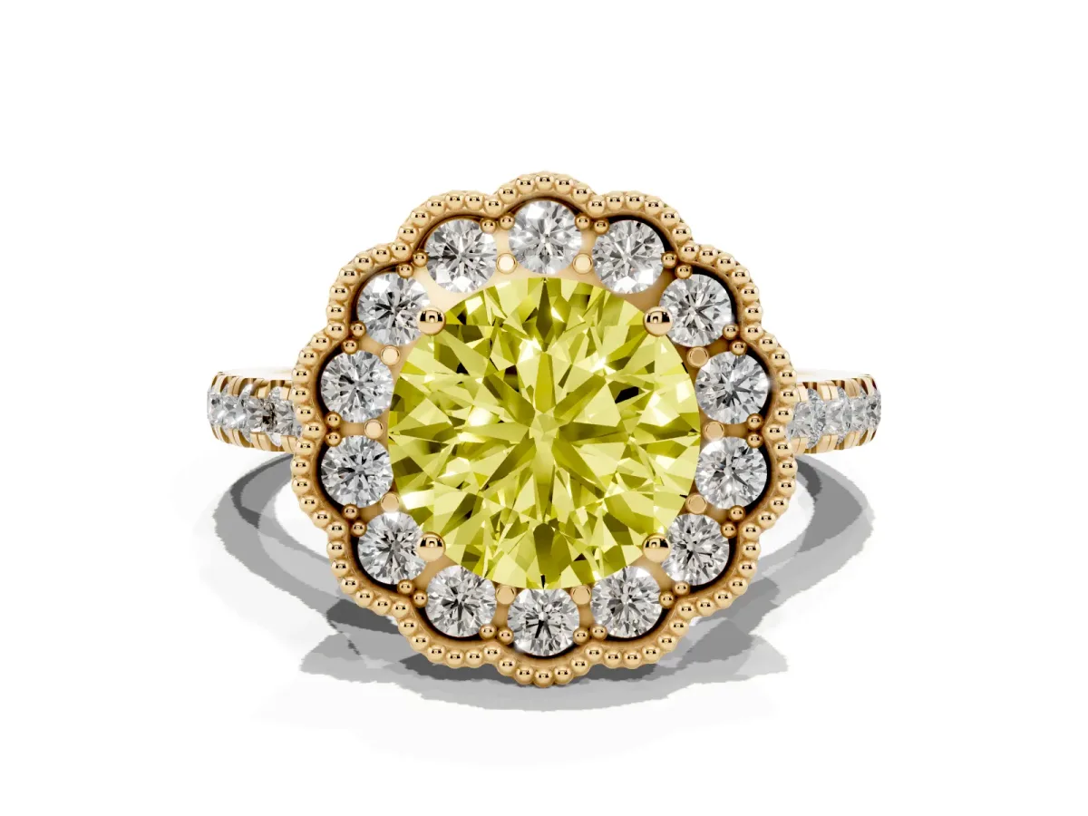 Fancy Yellow Round Cut Cut Diamond Milgrain Floral Halo Engagement Ring with Pavé Band Yellow gold