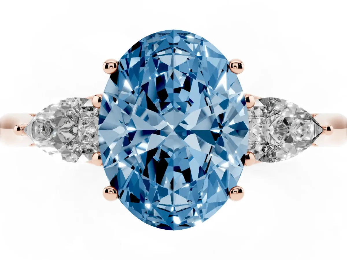 Fancy Blue Oval Cut Diamond Three-Stone Ring with Pear Side Stones and Prong Setting Rose gold