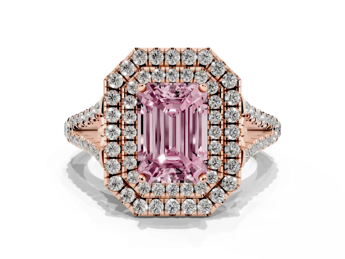 Fancy Pink Emerald Cut Diamond Double Halo Ring with Pavé Band and Prong Setting Rose gold