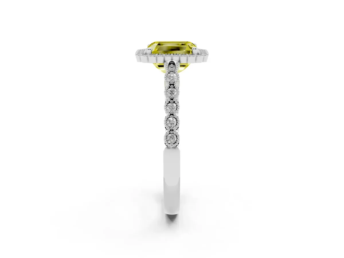 Fancy Yellow Radiant Cut Cut Halo Pavé Solitaire Ring with Milgrain Band White gold