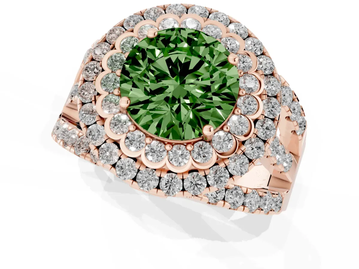Fancy Green Round Cut Diamond Double Halo Ring with Round Pavé Split Shank and Prong Setting Rose gold