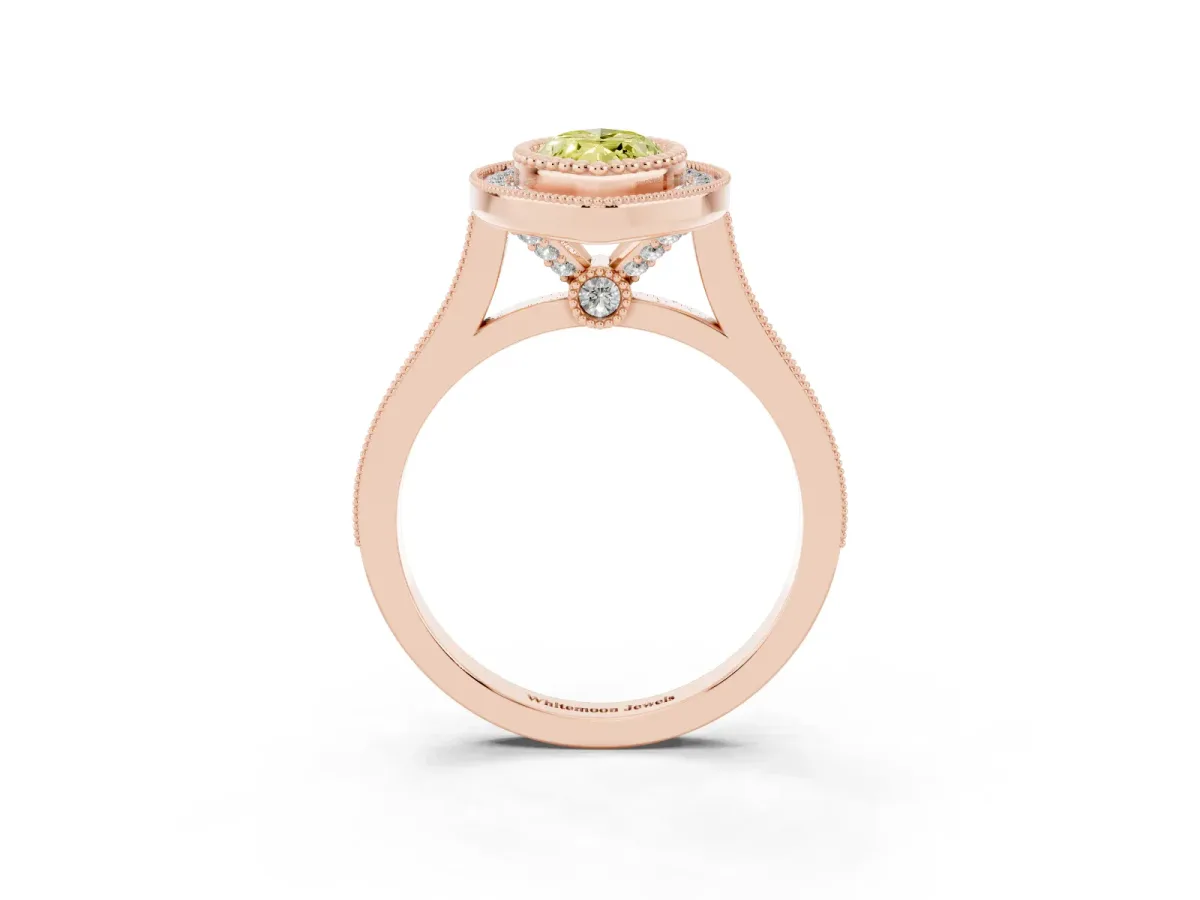 Fancy Yellow Marquise Cut Diamond Halo Ring with Milgrain Frame and Pavé Band Rose gold
