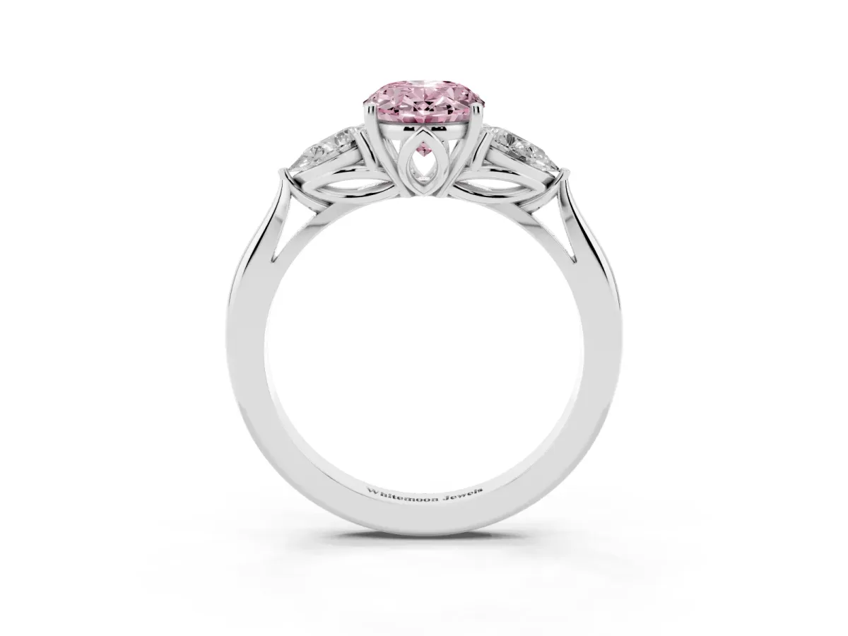 Fancy Pink Three-Stone Oval Cut Diamond Ring with Pear Side Stones in Four-Prong Setting Platinum