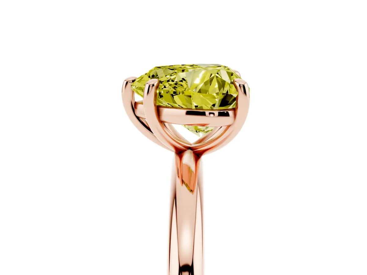 Fancy Yellow Heart Cut Solitaire Diamond Ring with Four-Prong Setting on a Plain Band Rose gold