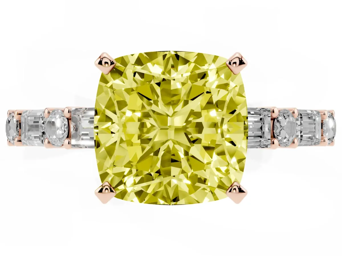 Fancy Yellow Cushion Cut Diamond Solitaire with Side Baguettes and Channel Set Band Rose gold