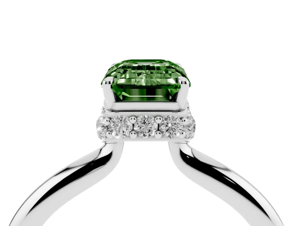 Fancy Green Emerald Cut Brilliant Solitaire Engagement Ring with Six-Prong Setting and Classic Band Silver
