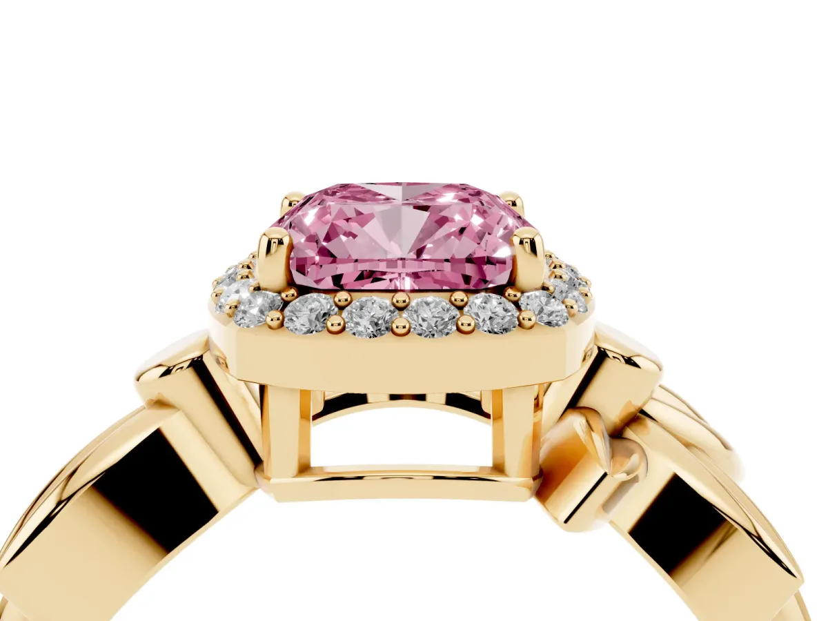 Fancy Pink Cushion Cut Halo Diamond Floral Band with Four-Prong Setting Yellow gold