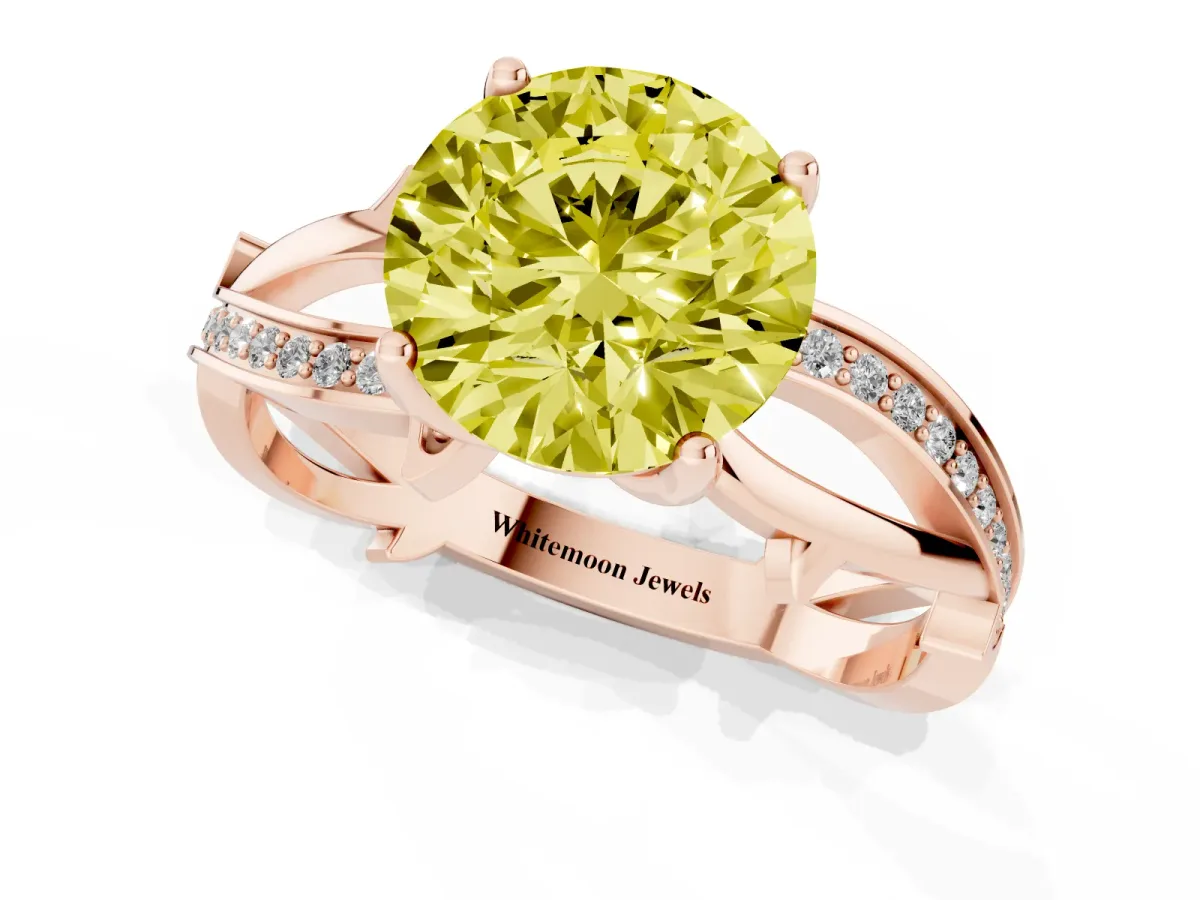 Fancy Yellow Round Cut Solitaire Twist Band with Pavé Accents and Four-Prong Setting Rose gold