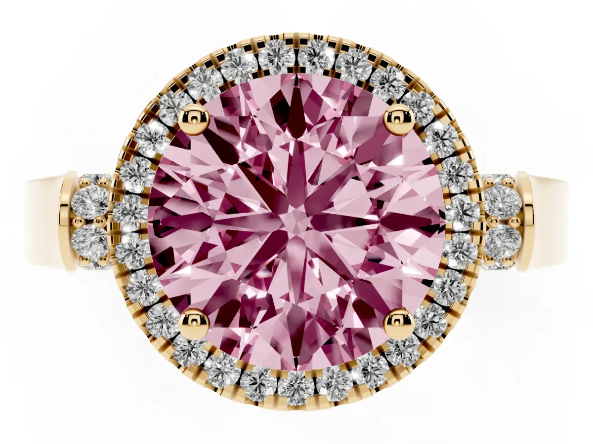 Fancy Pink Round Cut Halo Round Diamond Twist Band with Four-Prong Setting Yellow gold