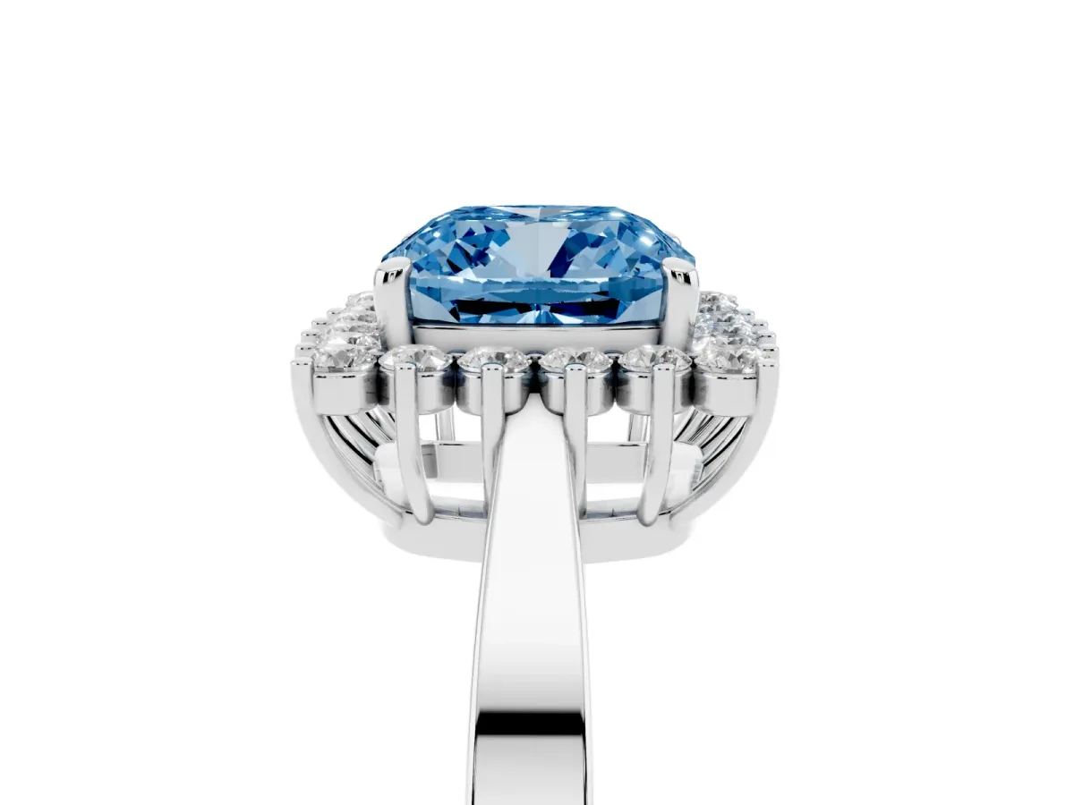 Fancy Blue Cushion Cut Cut Diamond Halo Ring with Round Brilliant Halo and Solitaire Band Silver