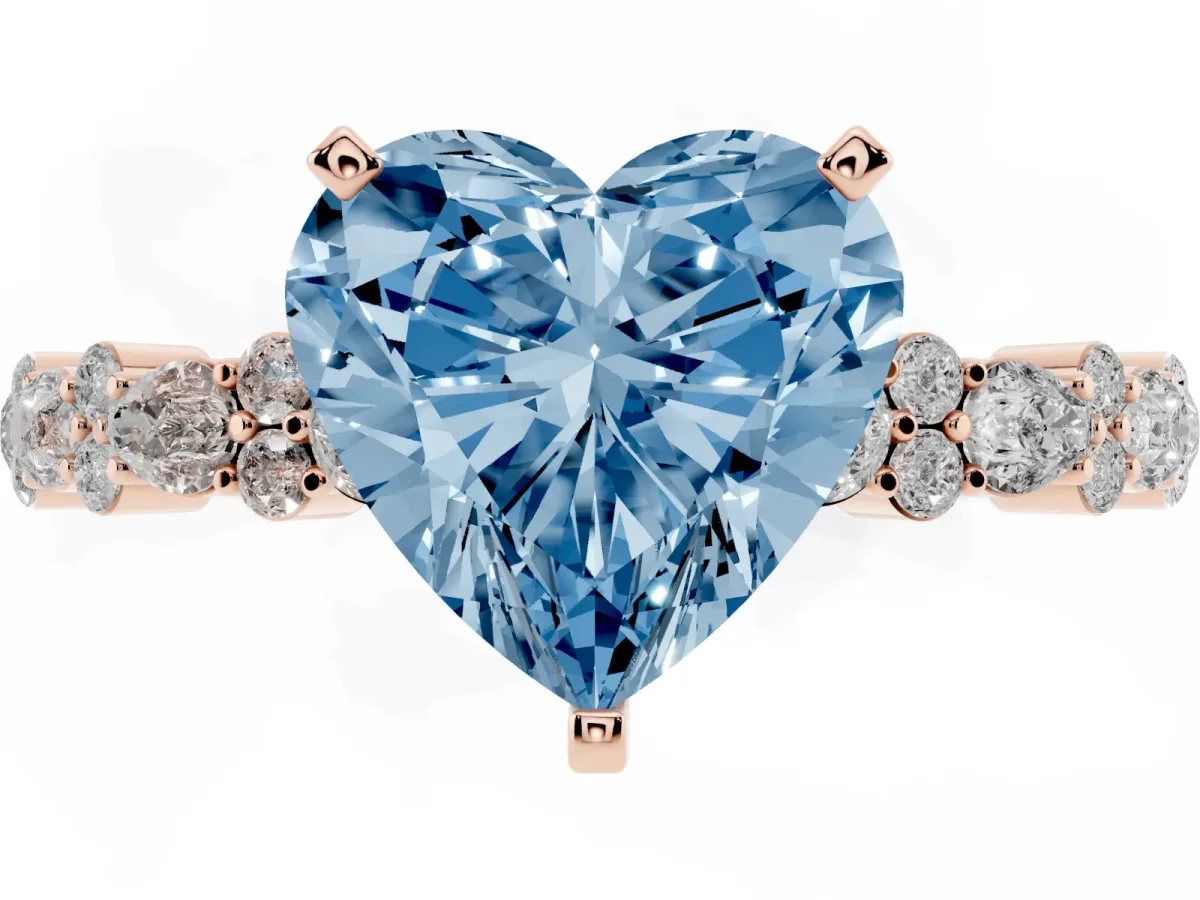 Fancy Blue Heart Cut Diamond Side Stone Solitaire Ring with Round and Four-Prong Setting Rose gold