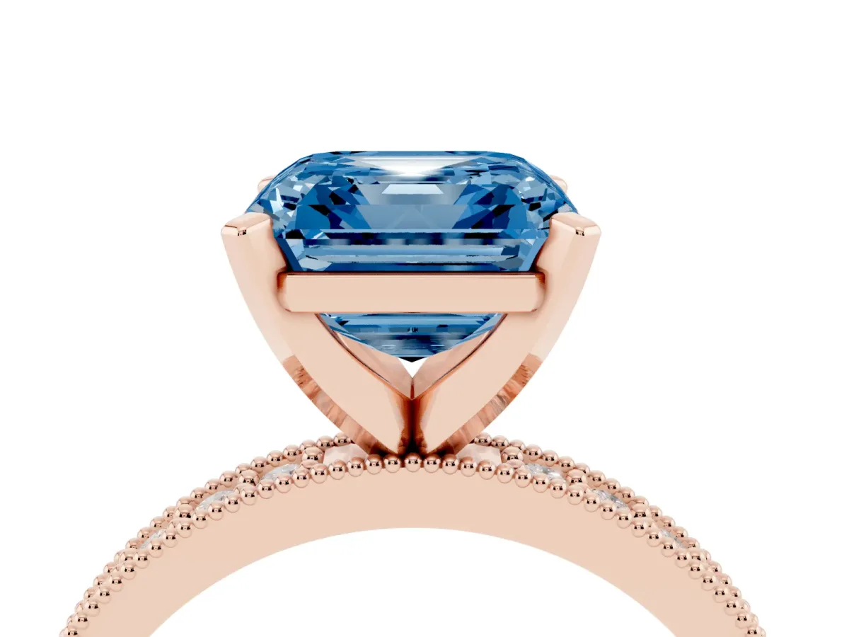 Fancy Blue Asscher Cut Diamond Milgrain Pavé Engagement Ring with Four-Prong Setting Rose gold