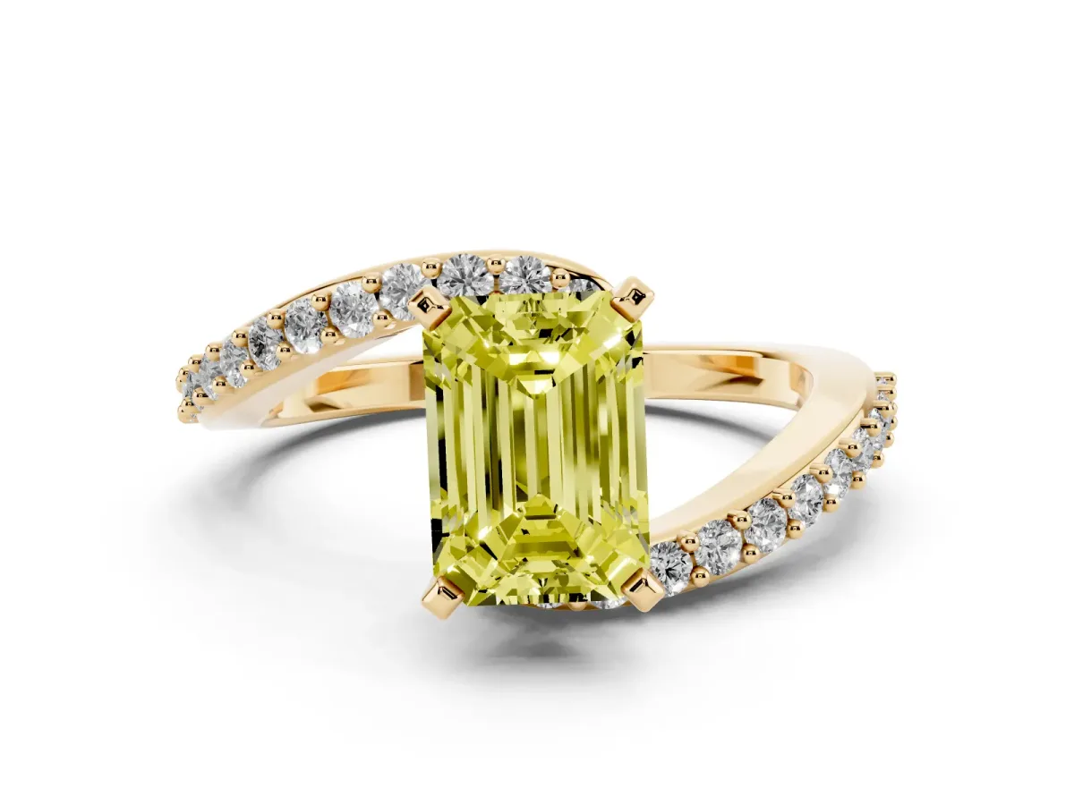 Fancy Yellow Emerald Cut Solitaire Twist Band with Pave Set Diamonds and Four-Prong Setting Yellow gold