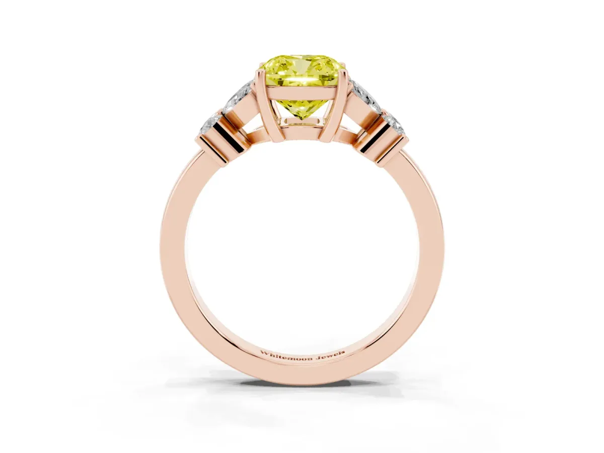 Fancy Yellow Cushion Cut Diamond Floral Cluster Ring with Solitaire Band and Prong Setting Rose gold