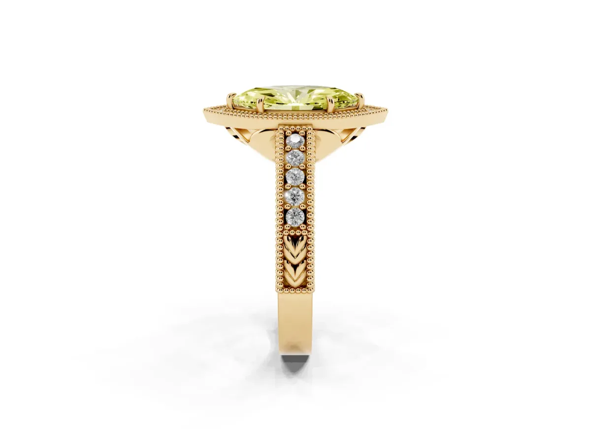 Fancy Yellow Marquise Cut Cut Halo Diamond Ring with Pavé Band and Four-Prong Setting Yellow gold