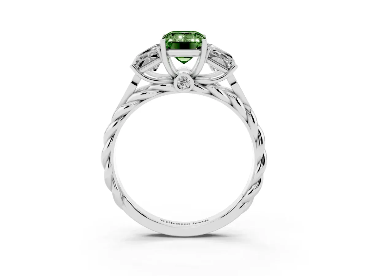 Fancy Green Three-Stone Radiant Cut Diamond Braided Band Ring with Four-Prong Setting Silver