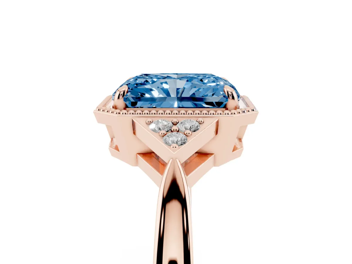 Fancy Blue Radiant Cut Diamond Halo Ring with Tapered Band and Four-Prong Setting Rose gold