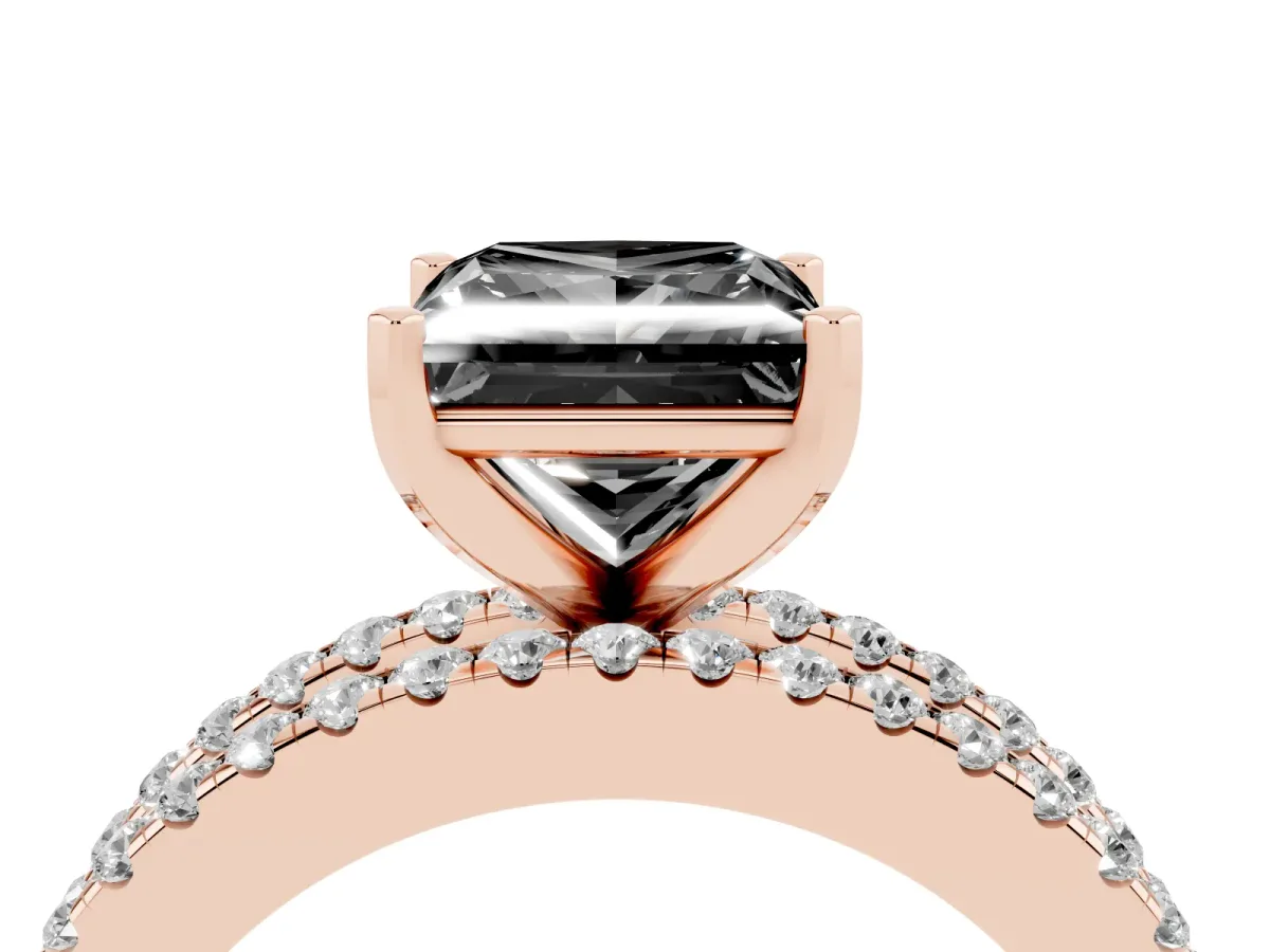 Fancy Black Princess Cut Diamond Solitaire Ring with Pavé and Channel Set Band Rose gold