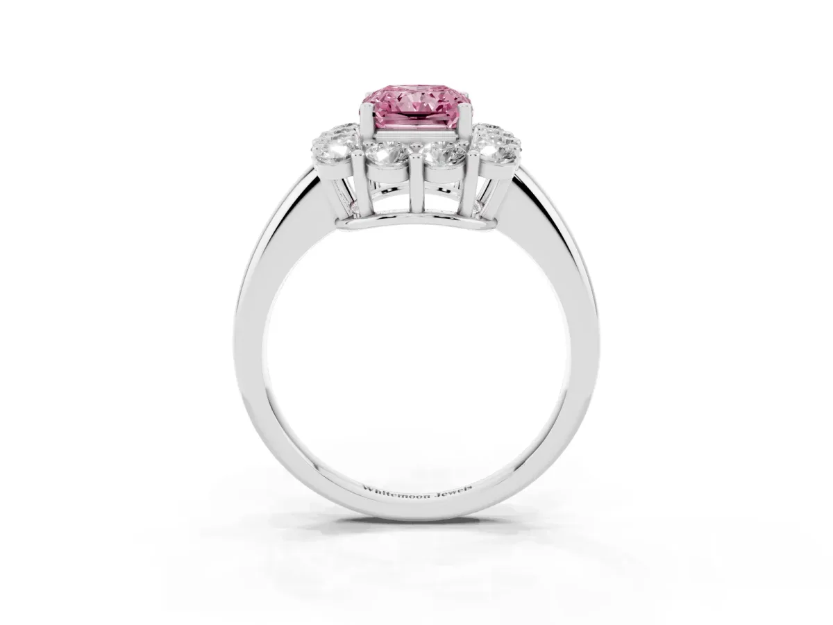 Fancy Pink Radiant Cut Halo Cluster Diamond Engagement Ring with Prong Setting and Polished Band Platinum