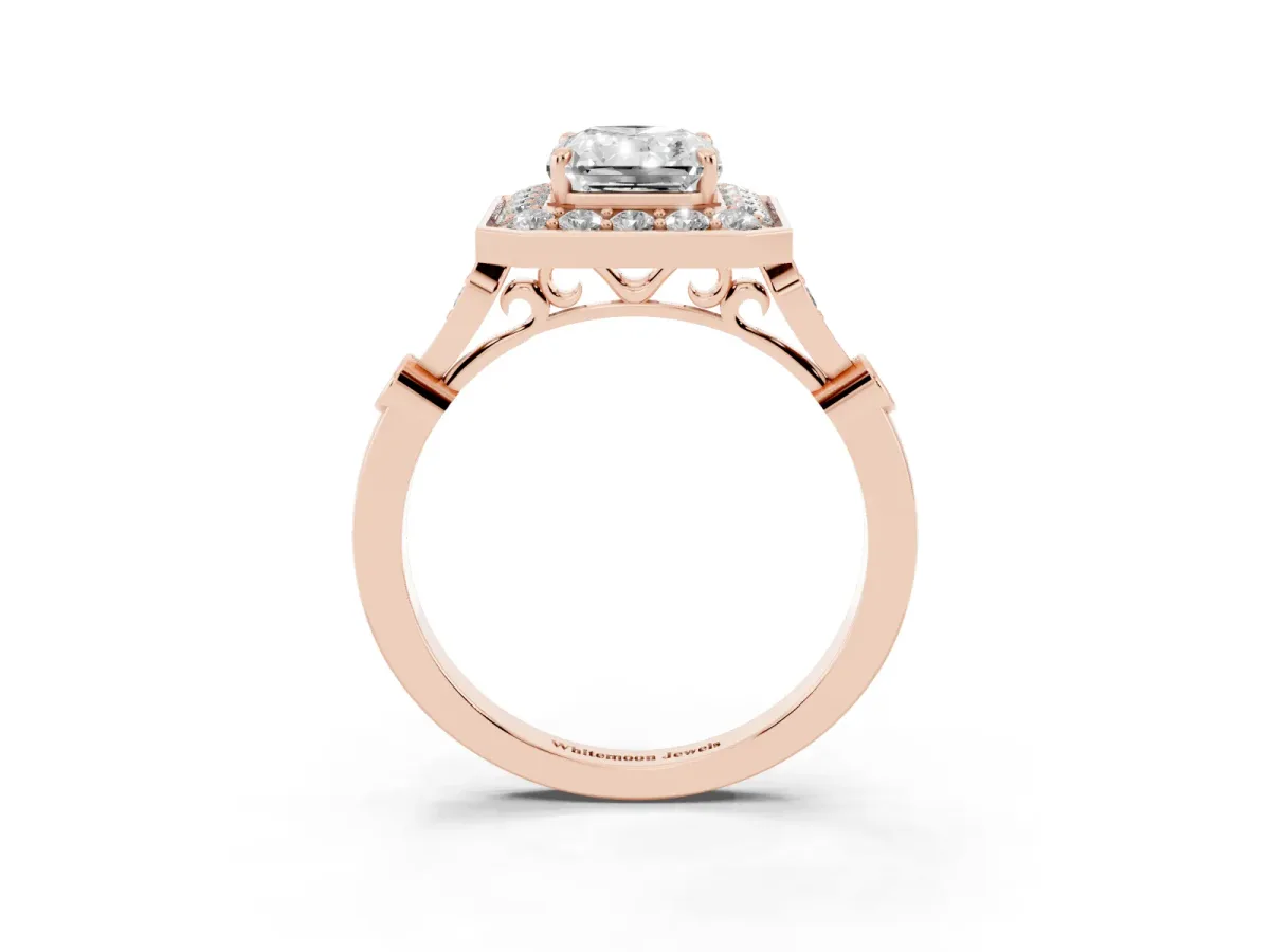 Radiant Cut Halo Diamond Engagement Ring with Twisted Band and Four-Prong Setting Rose gold
