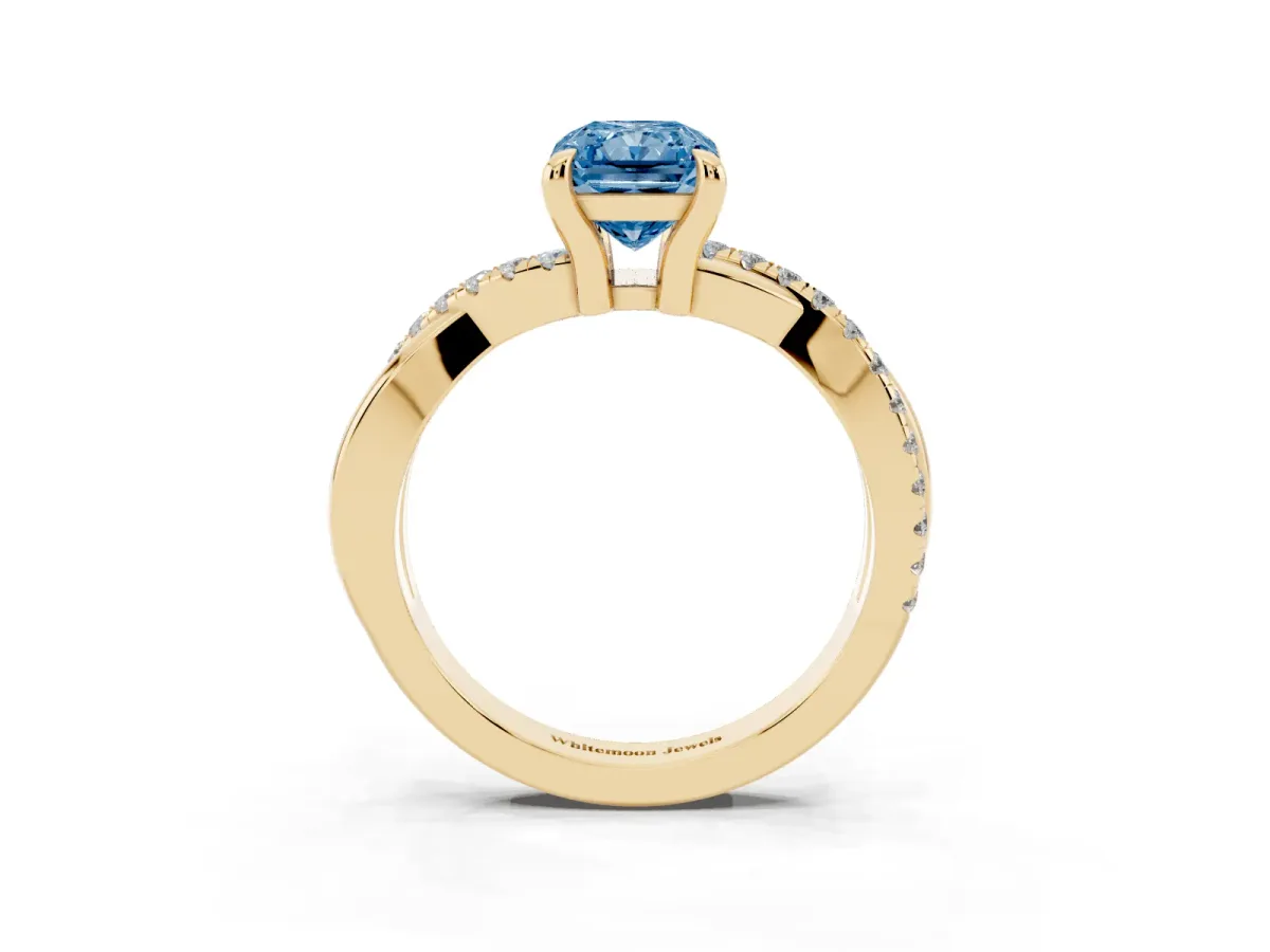 Fancy Blue Radiant Cut Cut Diamond Twist Band Solitaire with Prong Setting Yellow gold
