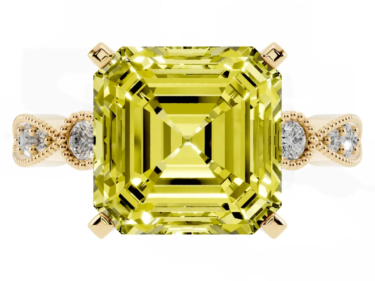 Fancy Yellow Asscher Cut Milgrain Bezel Diamond Engagement Ring with Solitaire Prong Setting Yellow gold