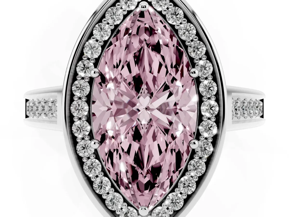 Fancy Pink Marquise Cut Halo Solitaire Diamond Ring with Pave Band and Bezel Setting White gold