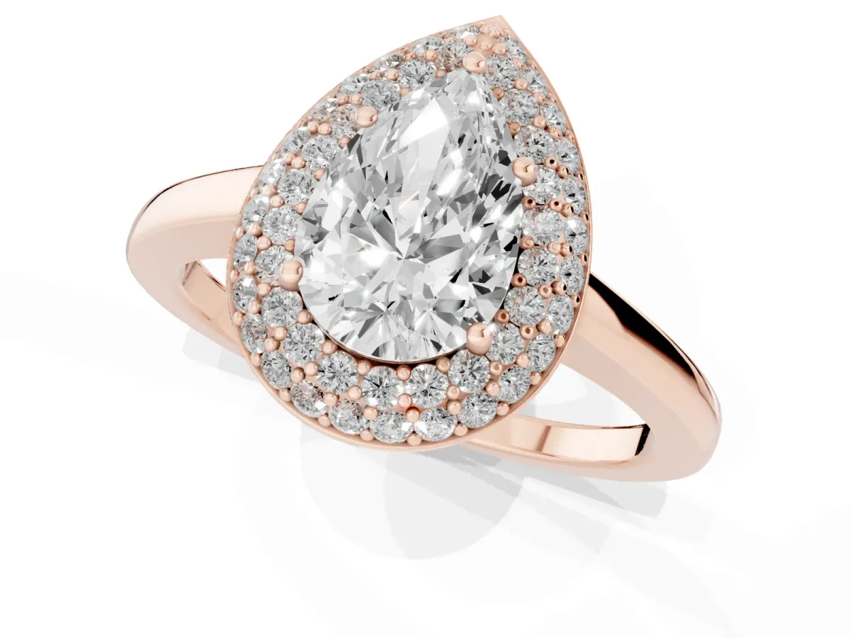 Pear Cut Halo Diamond Engagement Ring with Solitaire Band and Four-Prong Setting Rose gold