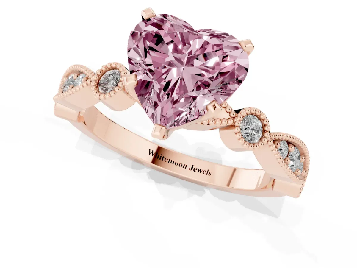 Fancy Pink Heart Cut Milgrain Bezel Diamond Engagement Ring with Solitaire Prong Setting Rose gold