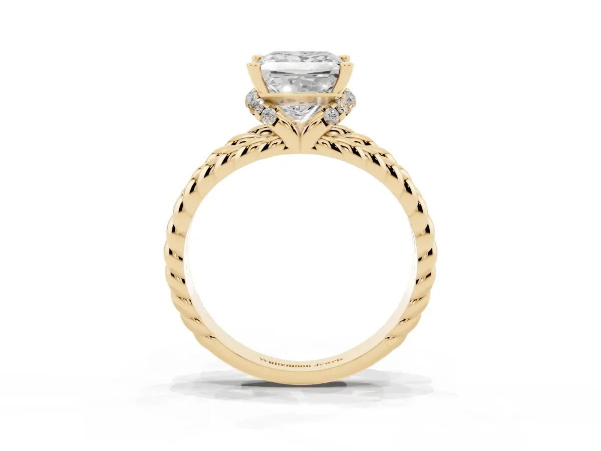 Princess Cut Halo Twisted Band Four-Prong Ring Yellow gold