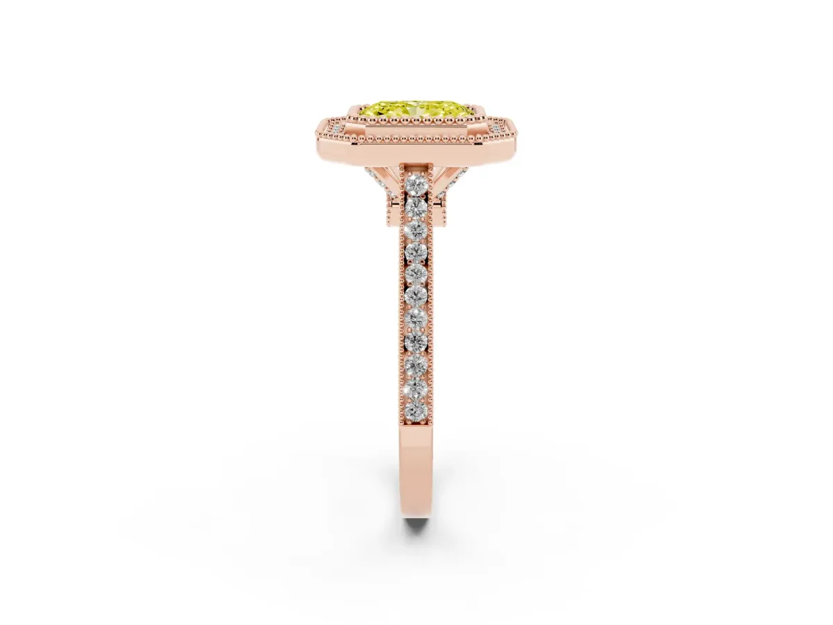 Fancy Yellow Radiant Cut Diamond Halo Ring with Milgrain Frame and Pavé Band Rose gold