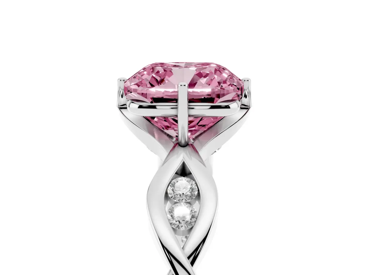 Fancy Pink Cushion Cut Solitaire Twist Band with Leaf Prong Setting Platinum